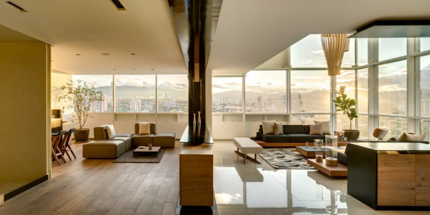 decoracao-sala-de-estar-madeira-de-carvalho-e-vidro-cobertura-duplex-na-cidade-do-mexico