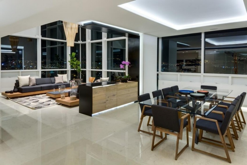decoracao-sala-de-jantar-madeira-de-carvalho-e-vidro-cobertura-duplex-na-cidade-do-mexico